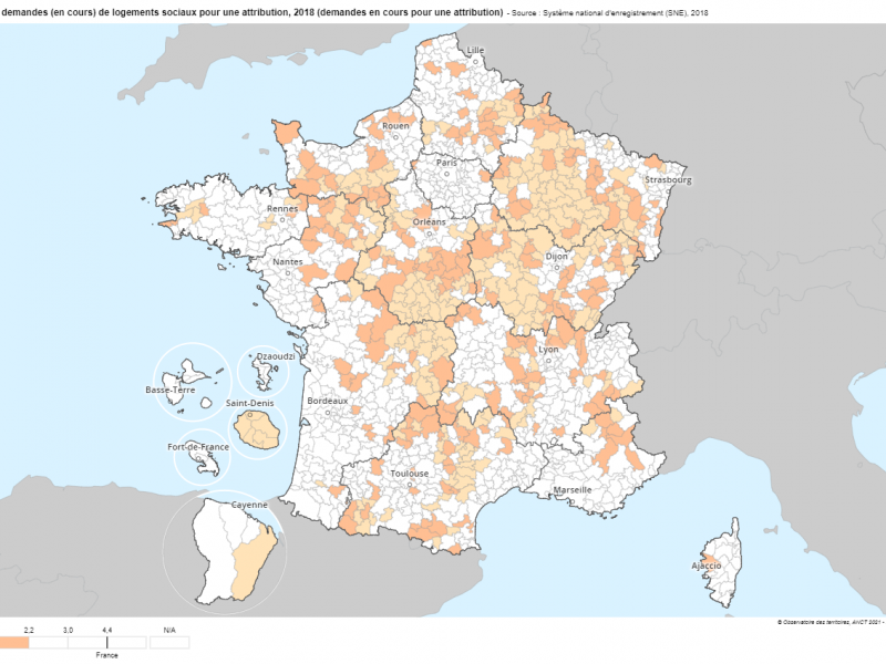 Illustration - nombre de demande de logements sociaux pour une attribution, Observatoire des Territoires